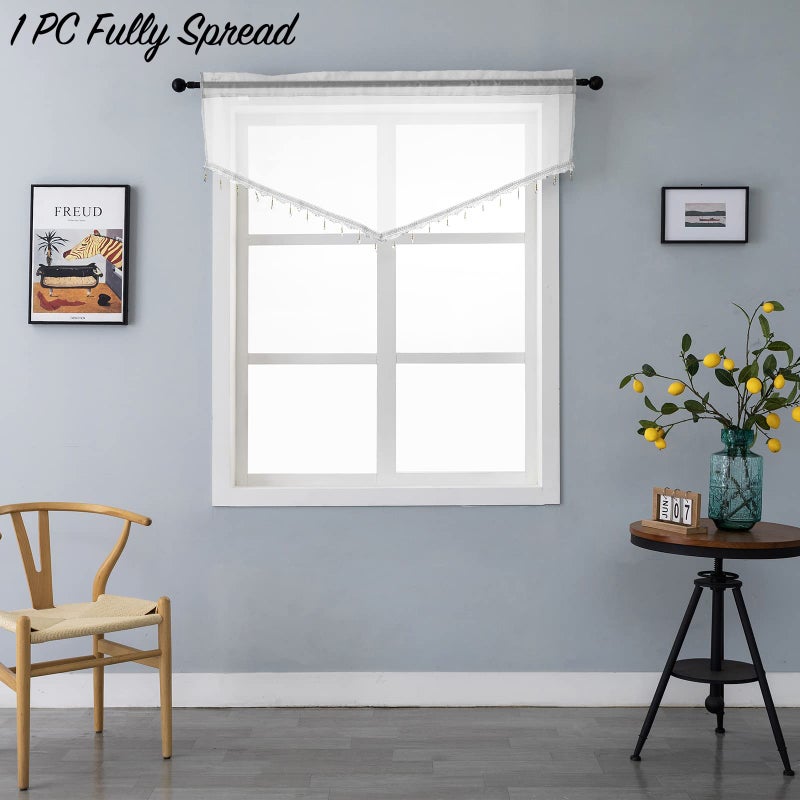 PearAge Beaded Triangle Sheer Valance Curtains for Living Room Rod Pocket Farmhouse Window Valance  Bead Trim Tassel Voile Sheer Curtain Valance for Bedroom Bathroom Cafe 51x24 Inches (Ivory) 1PC - Image 3